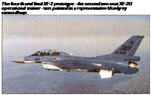 Подпись: The fourth and final XF-2 prototype - the second two-seat XF-2B operational trainer - was painted in a representative blue/grey camouflage. 