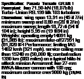 Подпись: Specification: Panavia Tornado GR.Mk 1 Powerplant: two 71.50-kN (16.07b lb) Turbo- Union RB.199 Mk 103 turbofans Dimensions: wing span 13.91 m (45 it 7/ in] minimum sweep and 8.60 m (28 ft 2/ in) maximum sweep; length 16,72 rti (54 ft 104 in); height 5.95 m (19 ft 64 in) Weights: operating empty 14091 kg {31,065 lb): maximum take-off 27951 kg (61,620 lt>l Performance: limiting IAS 14B2 kmh [921 mph). service ceiling more than 15240 m (50,000 ft); combat radius 1390 km (863 miles) on a typical hMo-hi attack mission Armament: twe 27-mm IWKA-Mauser cannon with 180 rpg; maximum ordnance over 9000 kg (19,841 lb) 