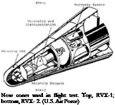 Подпись: Nose cones used in flight test. Top, RVX-1; bottom, RVX- 2. (U.S. Air Force) 