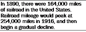 Подпись: In 1890, there were 164,000 miles of railroad in the United States. Railroad mileage would peak at 254,000 miles in 1916, and then begin a gradual decline.