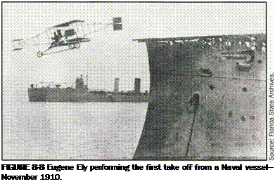 Подпись: FIGURE 8-8 Eugene Ely performing the first take off from a Naval vessel—November 1910. 