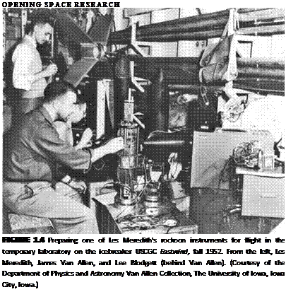 Подпись: OPENING SPACE RESEARCH FIGURE 1.4 Preparing one of Les Meredith's rockoon instruments for flight in the temporary laboratory on the icebreaker USCGC Eastwind, fall 1952. From the left, Les Meredith, James Van Allen, and Lee Blodgett (behind Van Allen). (Courtesy of the Department of Physics and Astronomy Van Allen Collection, The University of Iowa, Iowa City, Iowa.) 