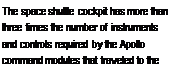 Подпись: The space shuttle cockpit has more than three times the number of instruments and controls required by the Apollo command modules that traveled to the Moon.
