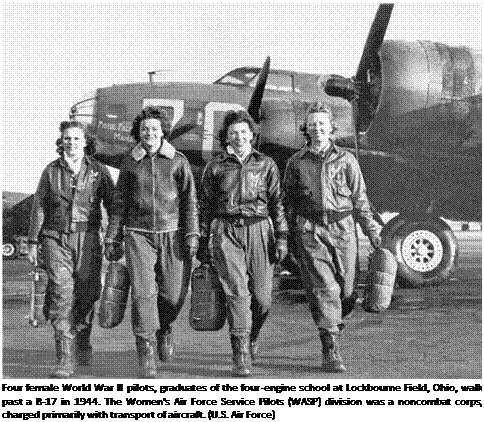 Подпись: Four female World War II pilots, graduates of the four-engine school at Lockbourne Field, Ohio, walk past a B-17 in 1944. The Women’s Air Force Service Pilots (WASP) division was a noncombat corps, charged primarily with transport of aircraft. (U.S. Air Force) 