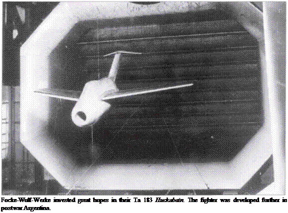 Подпись: Focke-Wulf-Werke invested great hopes in their Та 183 Huckebein. The fighter was developed further in postwar Argentina. 