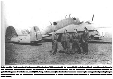 Подпись: On the eve of the Polish surrender to the German and Soviet armies in 1939. approximately two hundred Polish combat aircraft flew to neutral Romania. Several of these aircraft were incorporated into the FARR, including PZL P.37 Los bombers. Shown here is a Los crew from Grupul 4 Bombardament. which launched a raid against the Hungarian city of Kosice on June 26,1941. Posing as Soviet aircraft, the Los bombers succeeded in achieving the strategic aim of provoking Hungary into declaring war on the USSR. Later Grupul 4 Bombardament was transferred to Tarutino in Bessarabia, where it participated in the air offensive against Odessa. (Photo: Bernad.) 