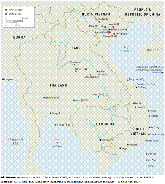 Подпись: Wild Weasels served with the 355th TFW at Takhli RTAFB, in Thailand, from mid-1966, although its F-105s moved to Korat RTAFB in September 1970. Here, they joined other Thunderchiefs that had flown from Korat with the 388th TFW since April 1967. 
