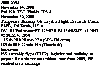 Подпись: 2008-059A November 14, 2008 Pad 39A, KSC, Florida, U.S.A. November 30, 2008 Temporary Runway 04, Dryden Flight Research Center, EAFB, CaUfornia, U.S.A. OV-105 Endeavour/ET-129/SRB BI-136/SSME: #1 2047, #2 2052, #3 2054 15 da 20 h 29 min 27 s (STS-126 crew) 183 da 00 h 22 min 54 s (Chamitoff) Endeavour ISS assembly flight (ULF2), logistics and outfitting to prepare for a six-person resident crew from 2009, ISS resident crew exchange 