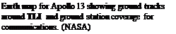 Подпись: Earth map for Apollo 13 showing ground tracks around TLI and ground station coverage for communications. (NASA)
