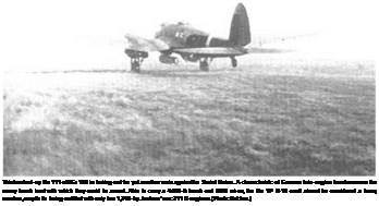 Подпись: This bonbed-up He 111 of KGr 100 is taxiing out for yet another sorie against he Soviet Union. A characteristic of German twin-engine bombers were the neavy bomb load with which they could be armed. Abie to carry a 4.000-lb bomb oad BOO mi es, the He 111 H-16 could almost be considered a heavy oomber, cespite its being outfitted with only two 1,340-hp Junkers ^umc 211 D engines. (Photo: Batcher.) 