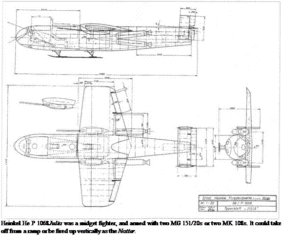 Подпись: Heinkel He P 1068Julia was a midget fighter, and armed with two MG 151/20s or two MK 108s. It could take off from a ramp or be fired up vertically as the Natter. 