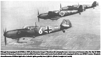 Подпись: Although it was equipped with Bf 109s in 1941, the Romanian Grupul 7 Vanatoare did not enjoy the same successes as its German allies. The fifty Bf 109Es delivered to Romania, in fact, were used aircraft that had been taken out of service from Luftwaffe units reequipped with the new Bf 109 F version. This photo shows Romanian Bf 109s in flight with a Luftwaffe fighter, possibly from l.{J)/LG 2. {Photo: Consiglio via Cauchi.) 