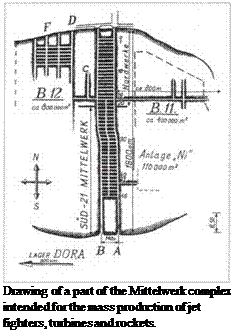 Подпись: Drawing of a part of the Mittelwerk complex intended for the mass production of jet fighters, turbines and rockets. 